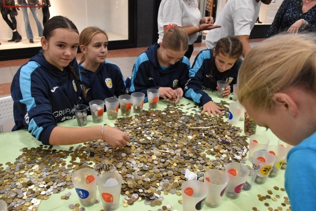 Wolontariusze koszalińskiej fundacji Magia podczas ostatniego sortowania pieniędzy w Centrum Handlowym Forum