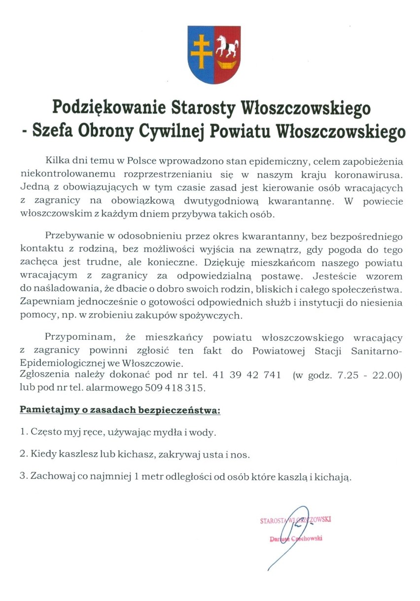 Koronawirus we Włoszczowie i powiecie włoszczowskim. Siedem osób jest zakażonych, dwie wyzdrowiały. 86 osób w kwarantannie - spadek o 8