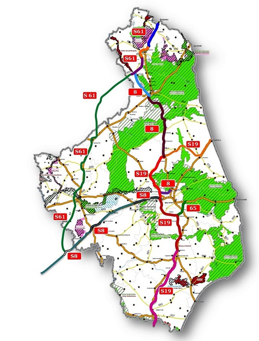 Planowany docelowy układ dróg ekspresowych na Podlasiu