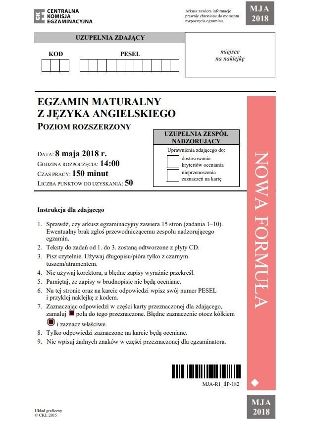 Matura 2018 - angielski rozszerzony 08.05 ODPOWIEDZI, ARKUSZ...