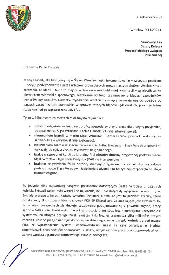 Śląsk napisał list do prezesa PZPN. „Rażące błędy sędziowskie”