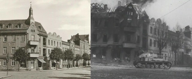 Róg obecnych ulic Koszalińskiej i Armii Krajowej w Miastku. Z lewej przed wojną, z prawej w czasie działań wojennych