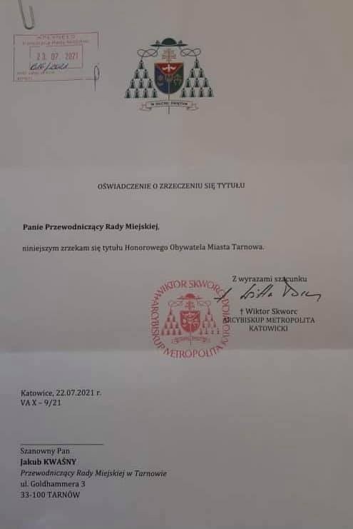 Tarnów. Abp Wiktor Skworc zrzekł się Honorowego Obywatelstwa Miasta Tarnowa. Wysłał oficjalne pismo do przewodniczącego rady miejskiej