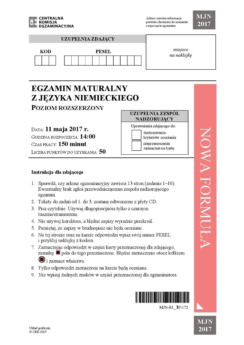 Matura 2017. Język NIEMIECKI rozszerzony ODPOWIEDZI, CKE...