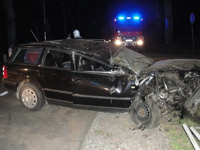 Volkswagen passat rozbity po zderzeniu z końmi, które wbiegły na drogę wojewódzką. Na miejscu wypadku działali policjanci i strażacy.