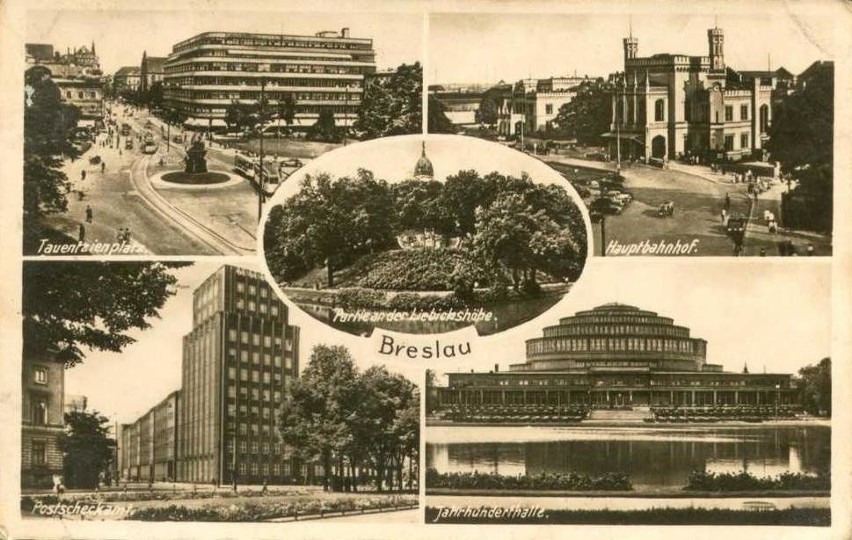 Lata 1930-1940 , Pięcioobrazkowa widokówka z Wrocławia.