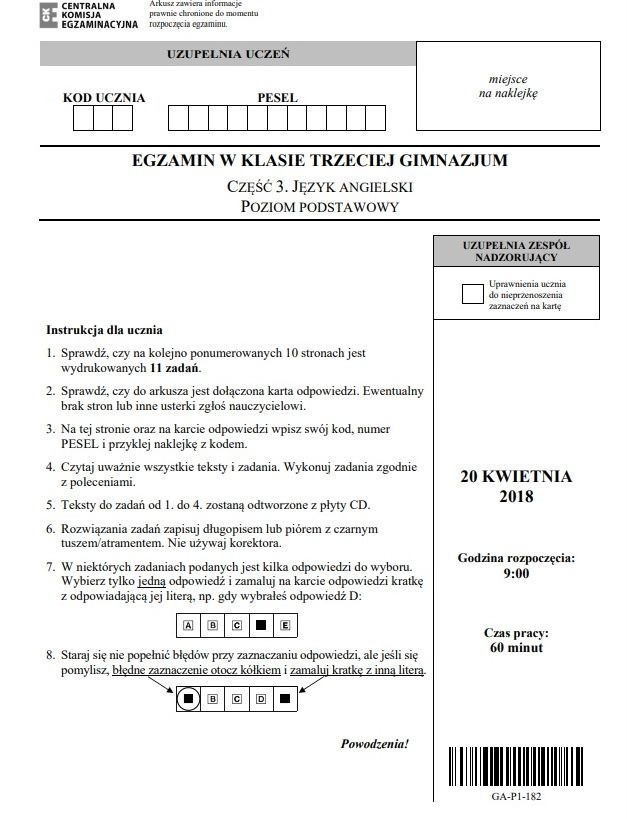 Egzamin gimnazjalny 2018: Język angielski podstawowy i rozszerzony [ODPOWIEDZI, ROZWIĄZANIA, ARKUSZ TESTU CKE, WYNIKI]