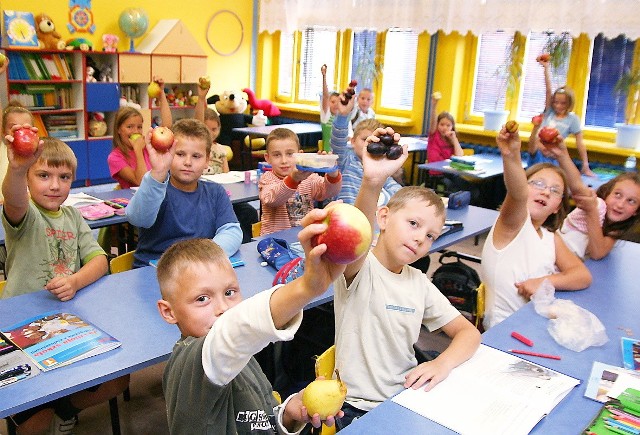 W Szkole Podstawowej nr 23 zdecydowana większość uczniów przynosi ze sobą jabłka, gruszki, śliwki, banany...
