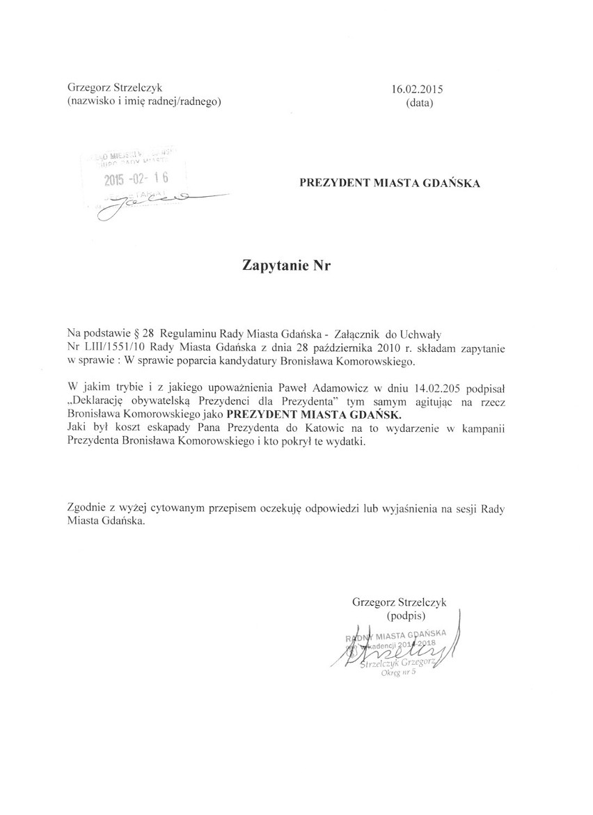 Strzelczyk zarzuca Adamowiczowi wyjazd na koszt podatników