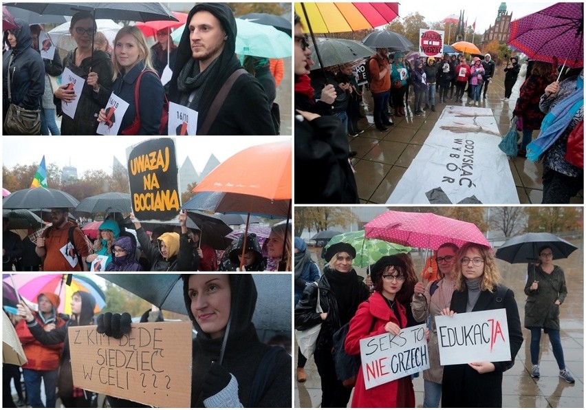 Prostest na placu Solidarności w Szczecinie. Manifestacja "Jesień średniowiecza". "Nie zgadzamy się na karanie więzieniem za edukację"