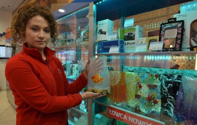Roksana Nowak prezentuje foliowy wazon w wersji ze złotą rybką.