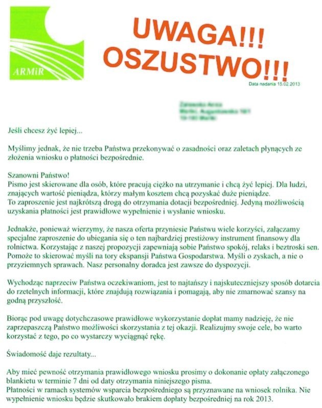 Tak wygląda pismo wysyłane przez oszusta, podającego się za pracownika ARiMR