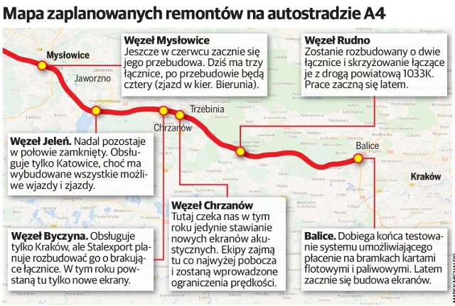 Mapa zaplanowanych remontów na autostradzie A4