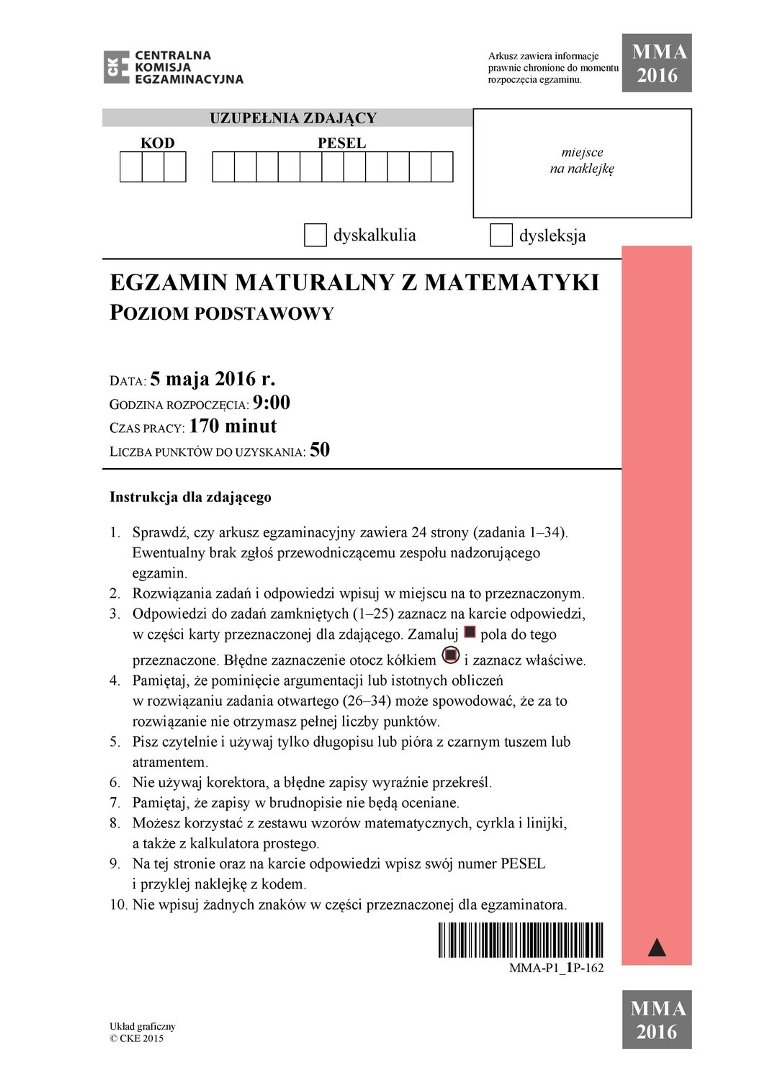 Matura 05.05.2016 Matematyka Rozwiązany arkusz CKE. Klucz odpowiedzi PDF |  Dziennik Zachodni