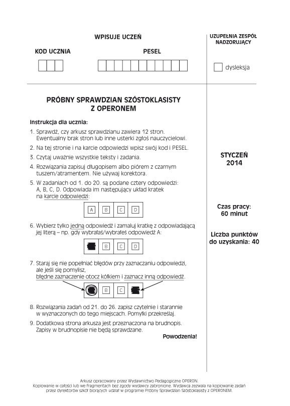 Sprawdzian szóstoklasistów 2014 z Operonem ARKUSZE PYTAŃ +...