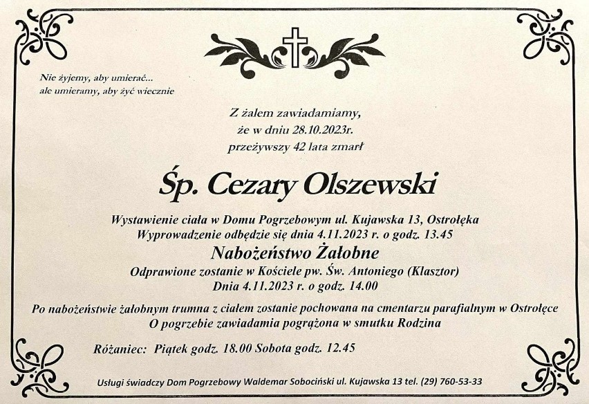 Pogrzeb Cezarego Olszewskiego, zawodowego tancerza, odbędzie się w Ostrołęce