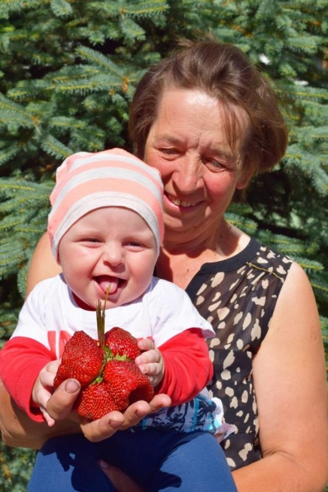 Pani Wioletta ze swoim wnuczkiem i truskawką gigantem