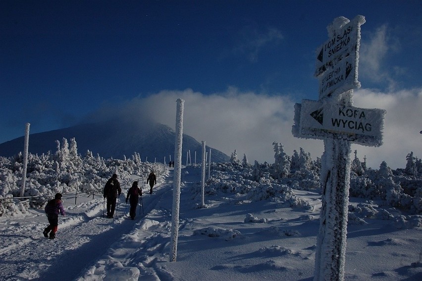 Zimowe warunki na najwyższym szczycie Karkonoszy