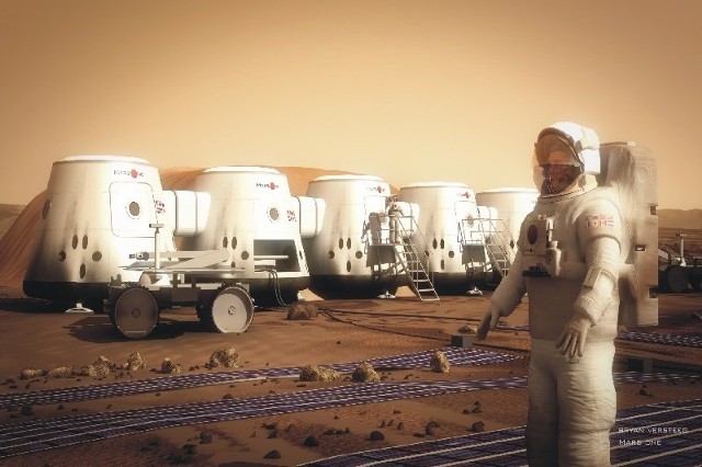 Misja na Marsa ma kosztować 6 mld dolarów. Na razie mówi się o podróży w jedną stronę. Kilkadziesiąt wytypowanych osób miałoby skolonizować planetę. Nz. wizualizacja marsjańskiej osady.