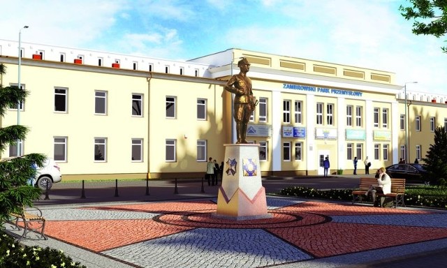 Wizualizacja stworzona według projektu artysty Michała Selerowskiego. Pomnik Żołnierza Dwudziestolecia Międzywojennego stanie przed Zambrowskim Parkiem Przemysłowym.