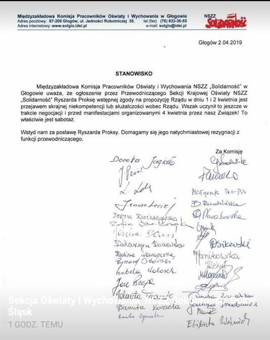 Szef nauczycielskiej "Solidarności" Ryszard Proksa skrytykowany przez kolegów ze związku. Za "służalczość wobec rządu"