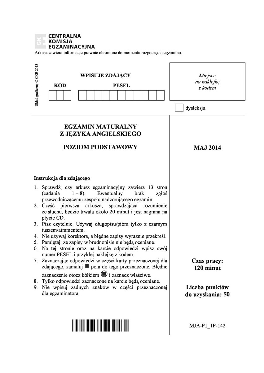 Matura 2014. Język angielski. Druga wersja arkusza. [ODPOWIEDZI]