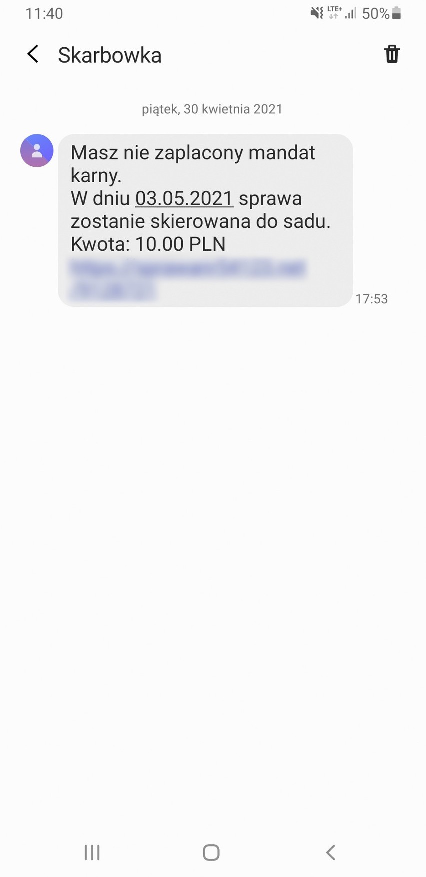 SMS o niezapłaconym mandacie jest fałszywką. Nie wolno na...