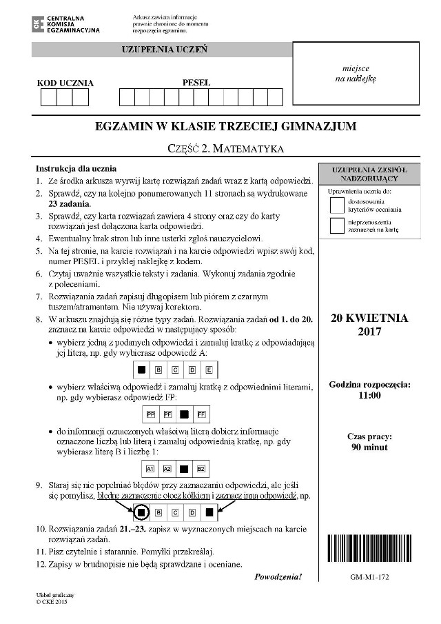 EGZAMIN GIMNAZJALNY 2017: Matematyka [ARKUSZE CKE+ROZWIĄZANIA]