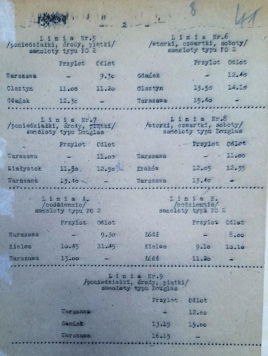 Rozkład linii lotniczych LOT z pierwszej połowy 1945 roku. W...