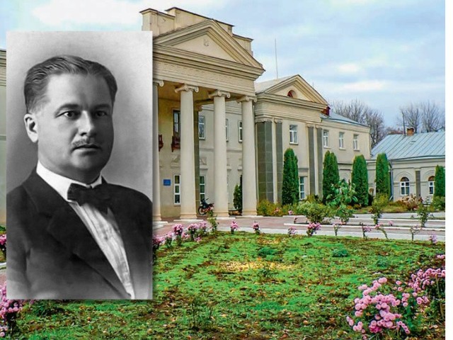 Karol Jaroszyński (1878-1929), w tle Pałac Jaroszyńskich w Antopolu w obwodzie Winnickim na Ukrainie