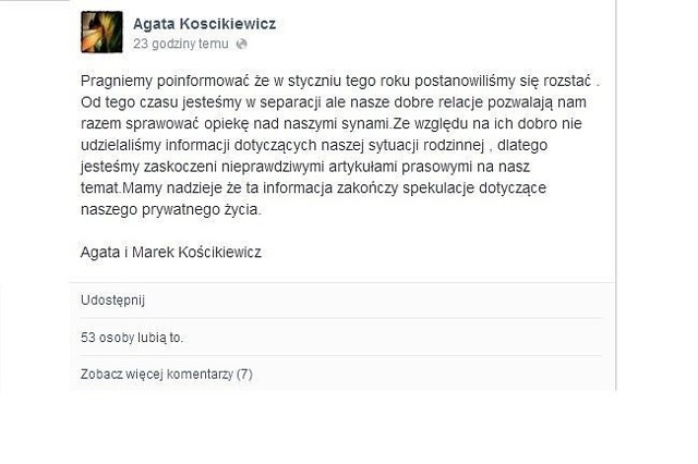 Oświadczenie Agaty i Marka Kościkiewicz (fot. screen z Facebook.com)