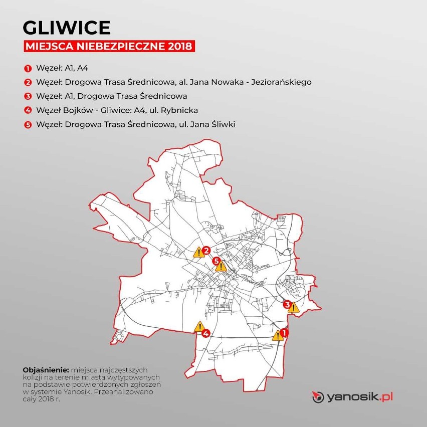 Gdzie dochodzi do wypadków w woj. śląskim? Specjaliści z systemu Yanosik przygotowali listę najniebezpieczniejszych miejsc 