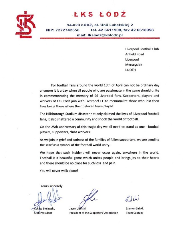 Łódzki Klub Sportowy i Stowarzyszenie Kibiców ŁKS przyłączyło się do akcji upamiętniającej 25. rocznice tragicznych wydarzeń na Hillsborough.