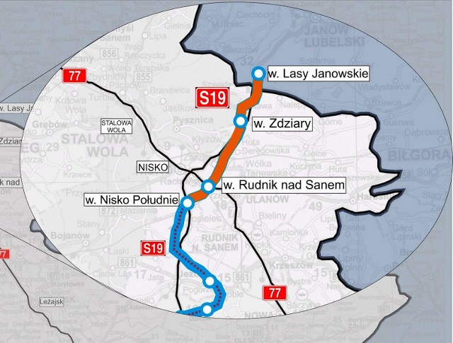 Brązowym kolorem zaznaczony przebieg drogi ekspresowej S19 od węzła Lasy Janowskie przez Rudnik nad Sanem do Niska
