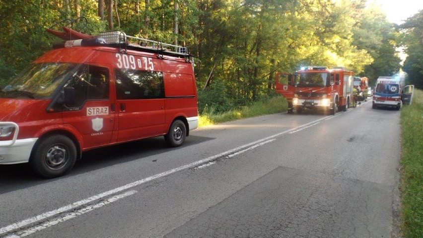 Wypadek w Rakowie. Samochód stoczył się ze skarpy i uderzył w drzewo. Ranne cztery osoby