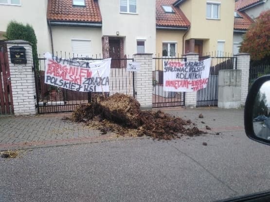 "Żal, gdy widzi to dziecko". Obornik dla posłów, transparenty przed domami. Nie każdemu rolnikowi się podoba ta forma protestu [zdjęcia]