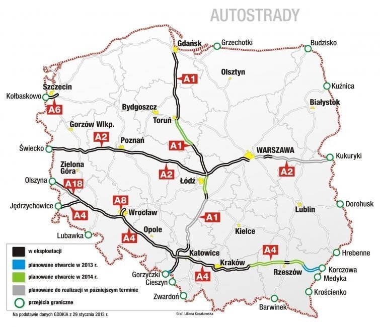 Autostrady w Polsce - istniejące i planowane. Stan na koniec...