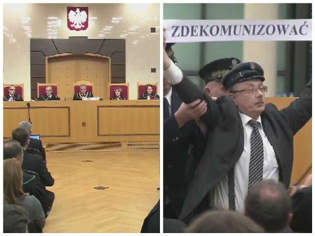 Tuż przed rozpoczęciem rozprawy doszło do incydentu: Adam Słomka - były poseł i działacz opozycji antykomunistycznej - wtargnął na salę posiedzeń Trybunału Konstytucyjnego z kartką z napisem "zdekomunizować sądy". Po kilku chwilach wyprowadziła go straż pilnująca porządku w Trybunale.