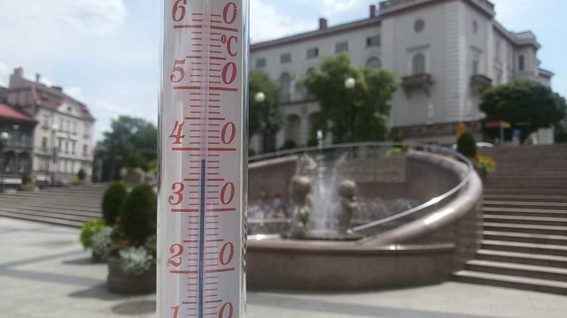 Bielsko-Biała, plac Chrobrego. Godz. 13.55. Wystarczyło chwilę postać w nasłonecznionym miejscu, by temperatura sięgnęła 38,5 st. Celsjusza