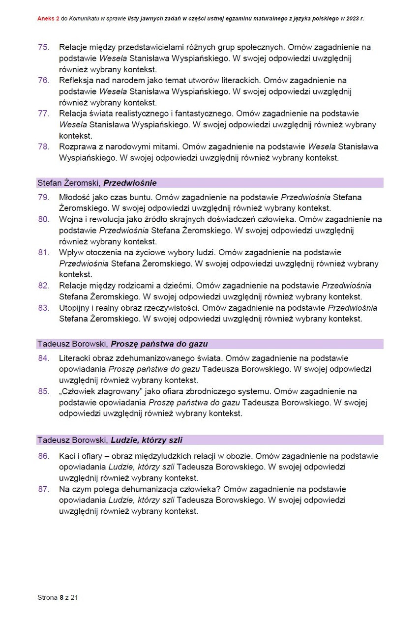 Pytania jawne na maturę ustną z polskiego 2023. Wszystkie pytania od