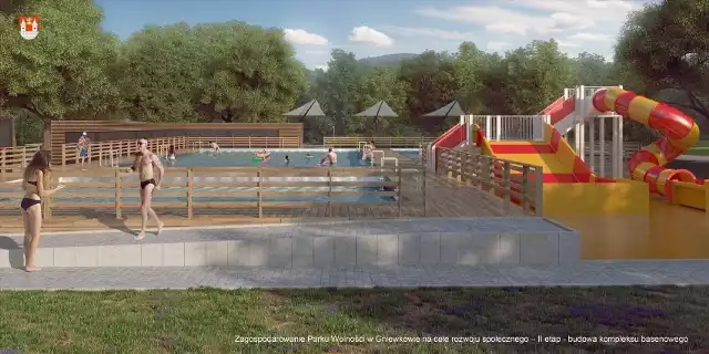 Wizualizacja fragmentu przyszłego kompleksu rekreacyjnego ze basenami w Gniewkowie