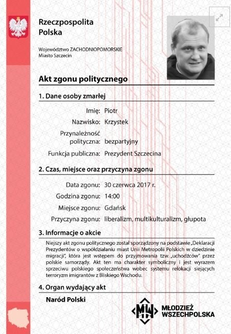 Młodzież Wszechpolska wystawiła akt zgonu politycznego Tadeusza Truskolaskiego