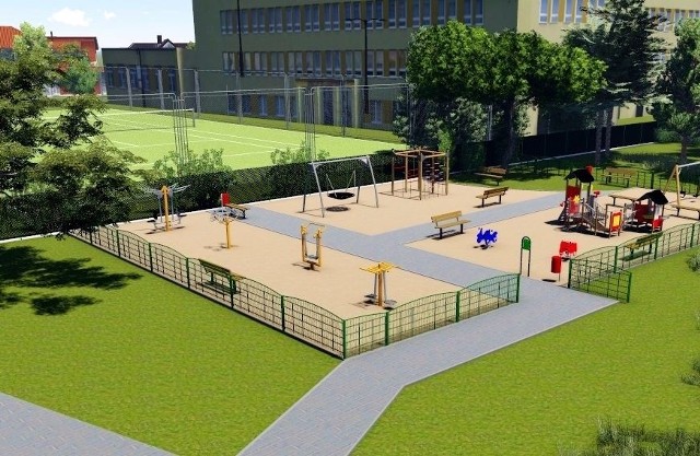 Wizualizacja placu zabaw, w tle widać budynek Szkoły Podstawowej numer 1 z boiskiem.