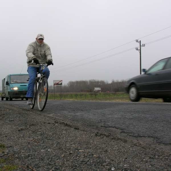 Po wycięciu topoli widzialność na drodze poprawiła się, ale pobocze jest nierówne, asfalt pokruszony, trudno tam jeździć rowerem.