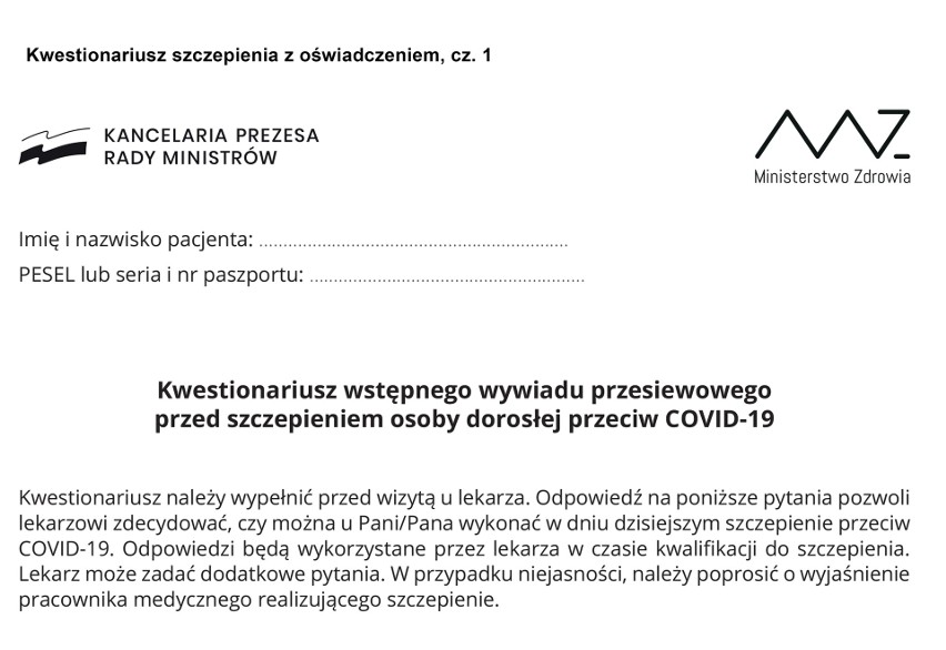 Kwestionariusz, który trzeba wypełnić przed szczepieniem