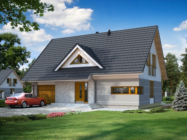 Projekt domu Nugat 2Dom o prostej bryle, przykryty dwuspadowym dachem o klasycznym kształcie