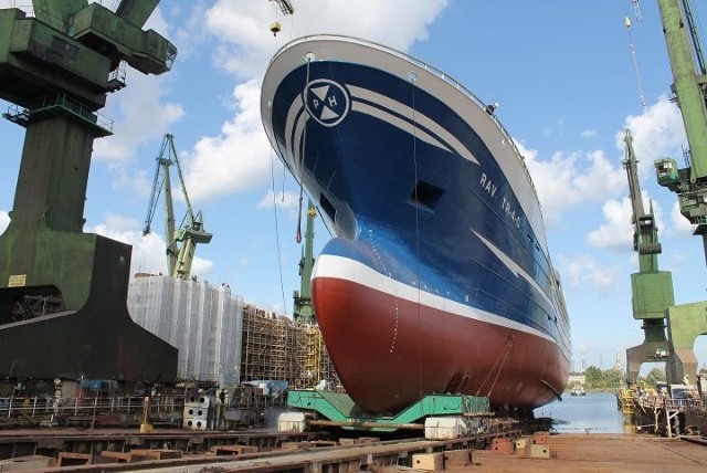 Wodowanie w stoczni Nauta w Gdańsku 14.09.2018. Zwodowany został częściowo wyposażony trawler rybacki RAV. To piąte w tym roku  wodowanie w Naucie