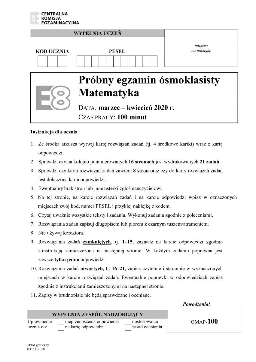 Próbny egzamin ósmoklasisty 2020 MATEMATYKA. Arkusz zadań w serwisie EDUKACJA