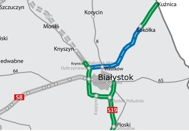 Kolorem niebieskim zaznaczono odcinek przyszłej S19 Dobrzyniewo Duże - Sok&oacute;łka