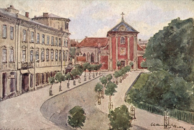 Plac Litewski z kościołem Kapucynów, którego elewacja jest jeszcze utrzymana w historycznych kolorach. Pocztówka z 1917 roku